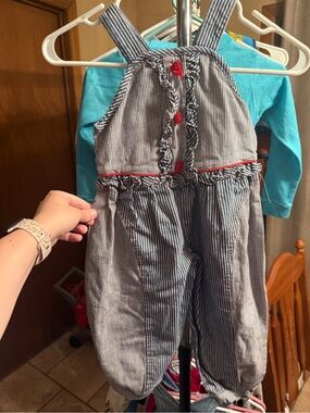 Vintage 90s Hickory Stripe Overalls 4T Ruffle Bib Red Trim